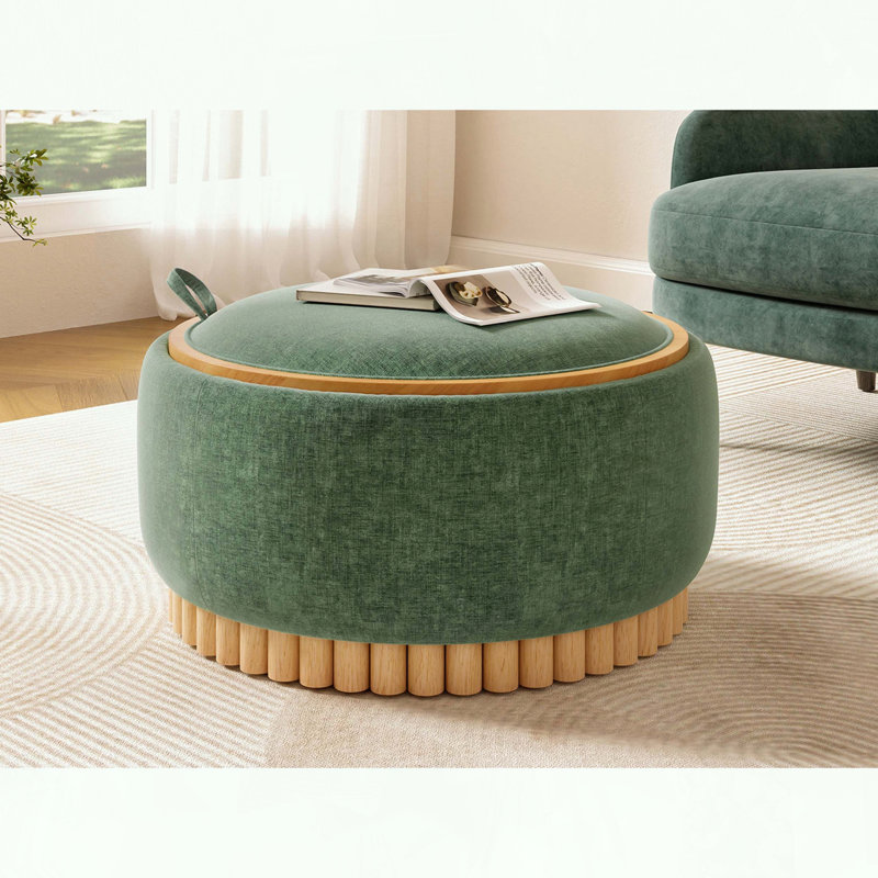 Round Storage Ottoman with Reversible Lid and Solid Wood Base, Green