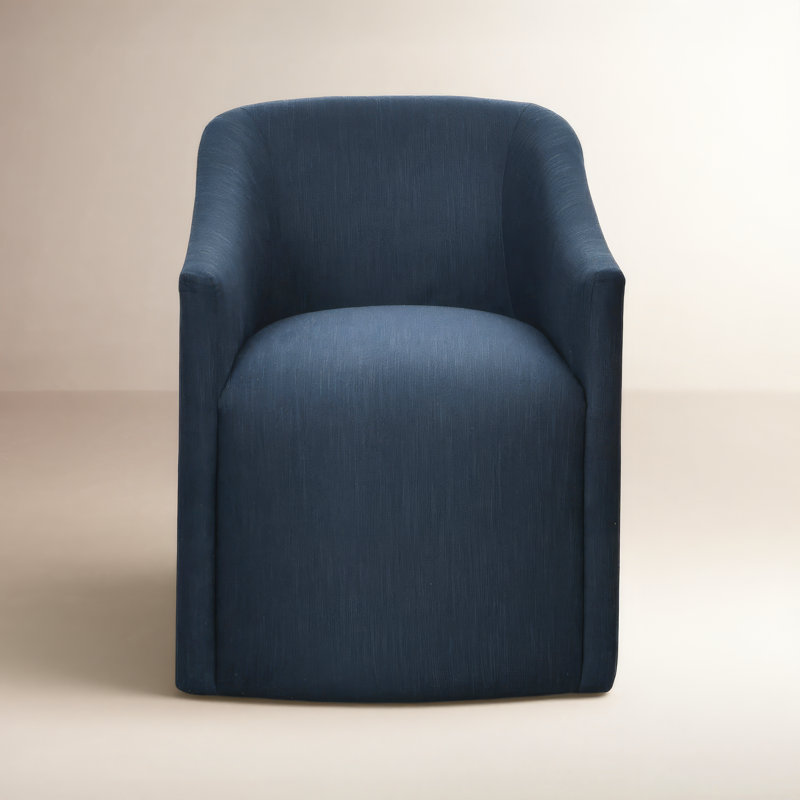 25" Wide Modern No Assembly Linen Barrel Back Upholstered Dining Armchair with Interchangeable Casters & Fixed Feet, Indigo