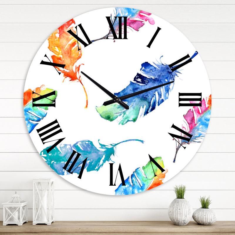 Ethnique plumes bleues - Horloge murale bohémienne et éclectique, Moyenne