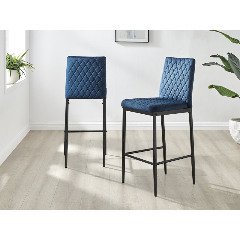 Kenesaw Luxury Breakfast Bar Stool in Quilted Design Velvet Black Leg - Modern Chic Kitchen, Navy