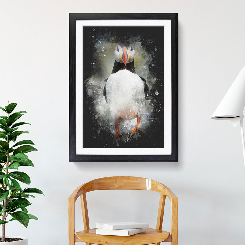 Atlantic Puffin Birds Vol.6 Paint Splash - Picture Frame Graphic Art, Black, 48cm H x 36cm W x 2cm D