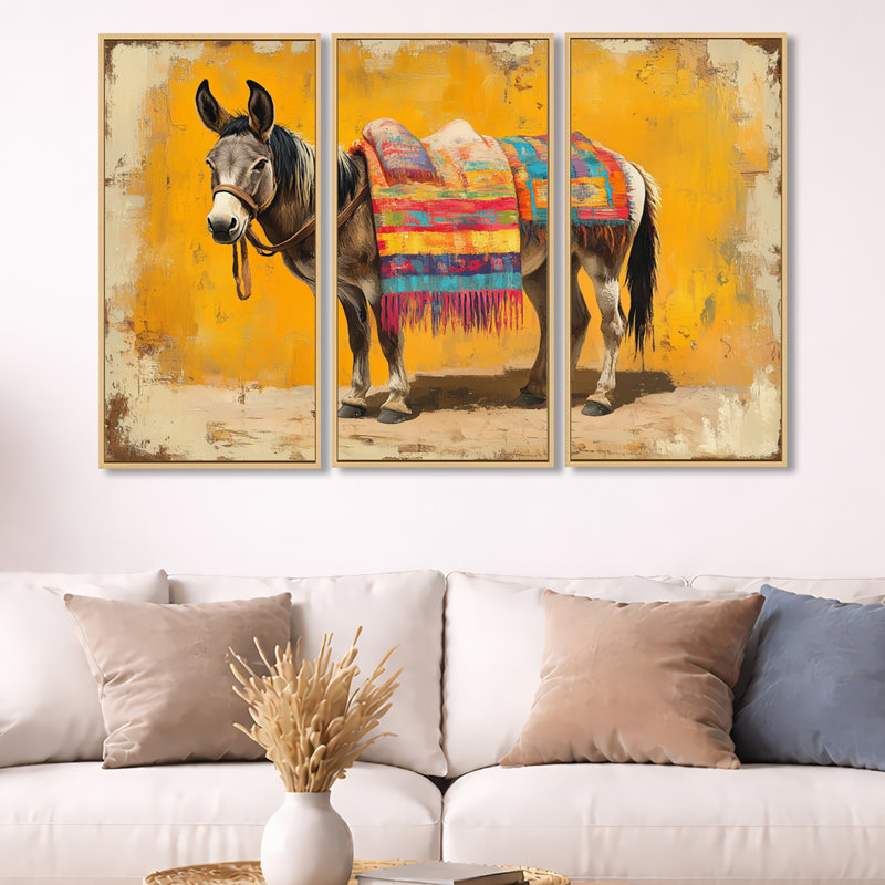 "Burro in a Festival" - reproduction d'art sur toile encadrée 3 pièces, H 32 po x l 48 po, Cadre naturel flottant