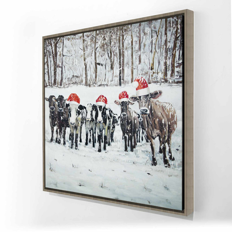 Toile encadrée Curious Christmas Cows | Décor d'animaux de ferme, H 25,25 po x l 25,25 po