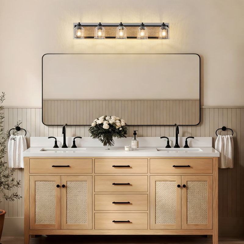 Miroir de salle de bain 5 lumières avec abat-jour en verre grainé et auvent en grain de bois Farmhouse, 5 lumières