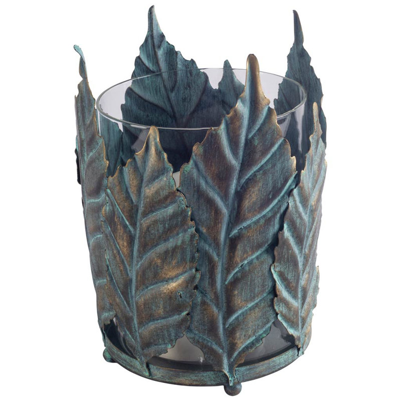 Pana I Small Green/Gold Metal Leaf Table Candle Holder, 8" H x 6" W x 6" D