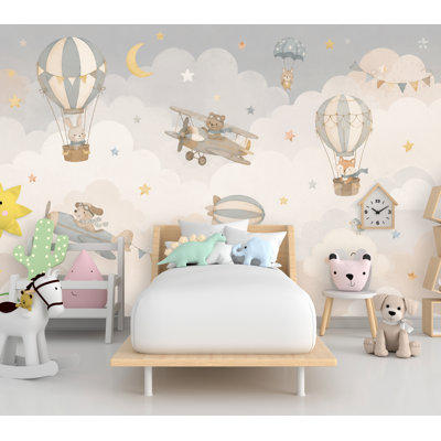Vintage Airplane Nursery Wallpaper Peel and Stick, Hot Air Balloon Baby Wall Mural, Neutral Kids Room Decor, Woodland Animals Mural 851DLU
