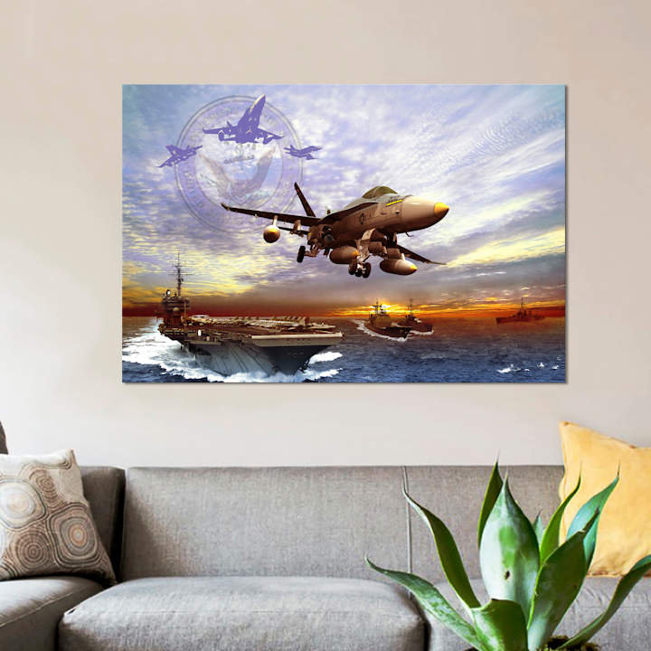 «F / A-18 Hornet décollant d'un porte-avions de la marine américaine», art textuel sur toile, H 12 po x l 18 po x P 1,5 po