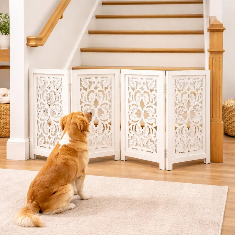 Barrière pliante pour chien en bois à 4 panneaux