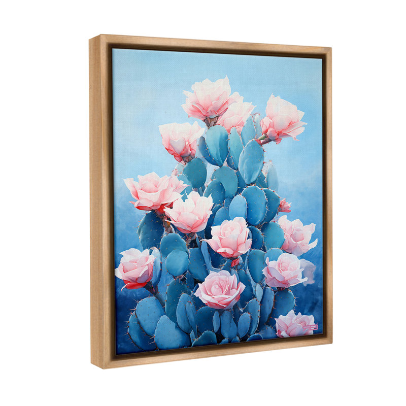 "Cactus and Rose Blossoms" par RB sur toile, H 21 po x l 17 po, Cadre flottant orme Montalcino