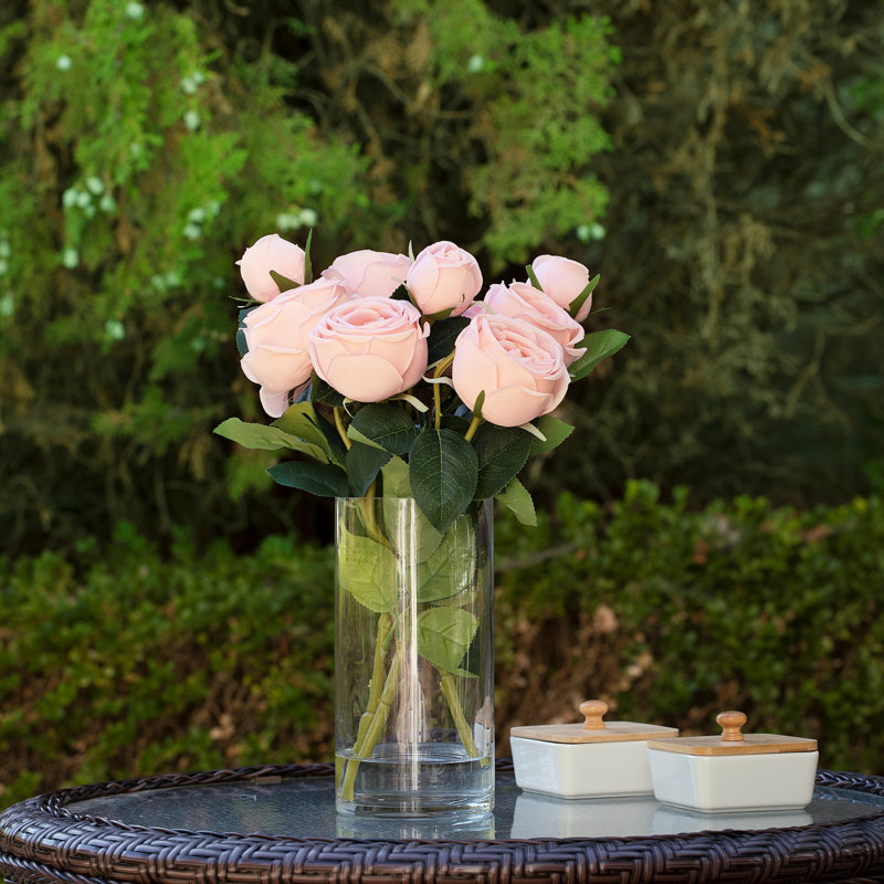 Light Pink Silk Rose Arrangement in Clear Glass Vase
