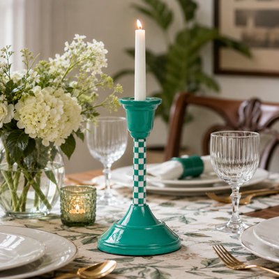 Handcrafted Jade Mint Checkered Aluminum Candleholder