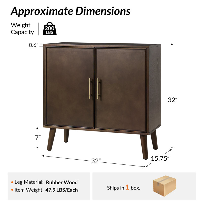 Armoire d'appoint Mid-Century moderne en bois massif à 2 portes avec tablettes réglables et gestion des câbles Anita, Brun