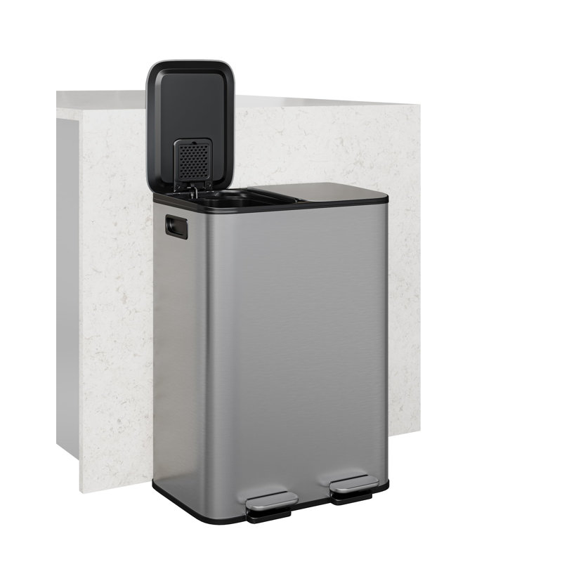 Poubelle double 2 x 8 gallons en acier inoxydable avec couvercle pour cuisine, argent, Acier Inoxydable, 16 gallons