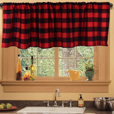 Kbndieu Ink White Red Lattice Window Valance Cottage Layout Curtain Decoration Curtain Rod Pocket Valance for Kitchen/Living Room 15 X 55 In