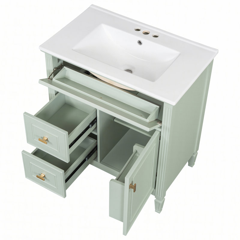 Meuble-lavabo 30 po avec lavabo, meuble-lavabo avec un tiroir rabattable et deux tiroirs, tablette réglable, bois massif et panneau de fibres à densité moyenne