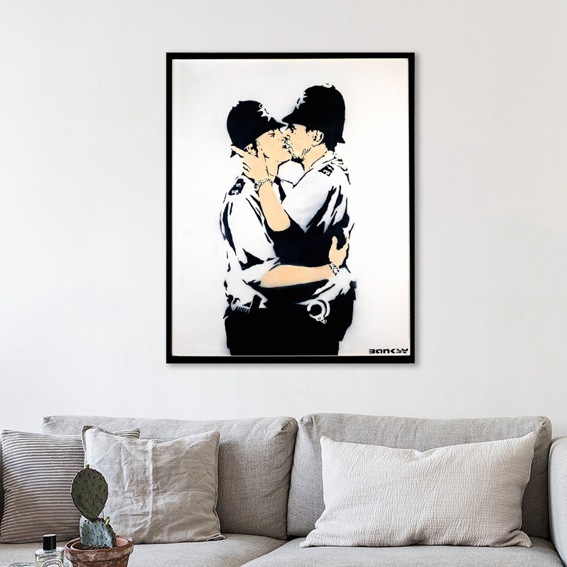 Kissing Cops II by Banksy - Floater Frame Print on Canvas, 102cm H x 81cm W x 4cm D