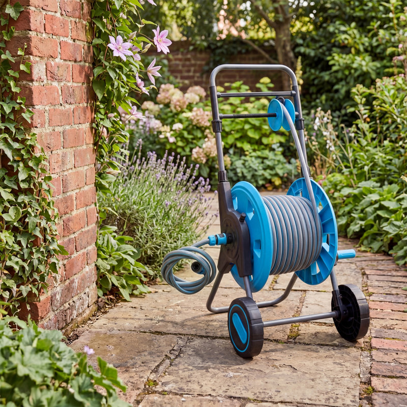 Chariot enrouleur de boyau d'arrosage à poignée réglable, porte-boyau d'arrosage robuste en plastique et sur roulettes avec adaptateur 1,9 m Quick-Connect