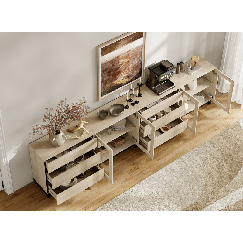 4 In 1 Modern Dresser With Glass Doors And 6 Drawers,Storage Cabinet With Adjustable Shelves, Chest Of Drawers, Beige