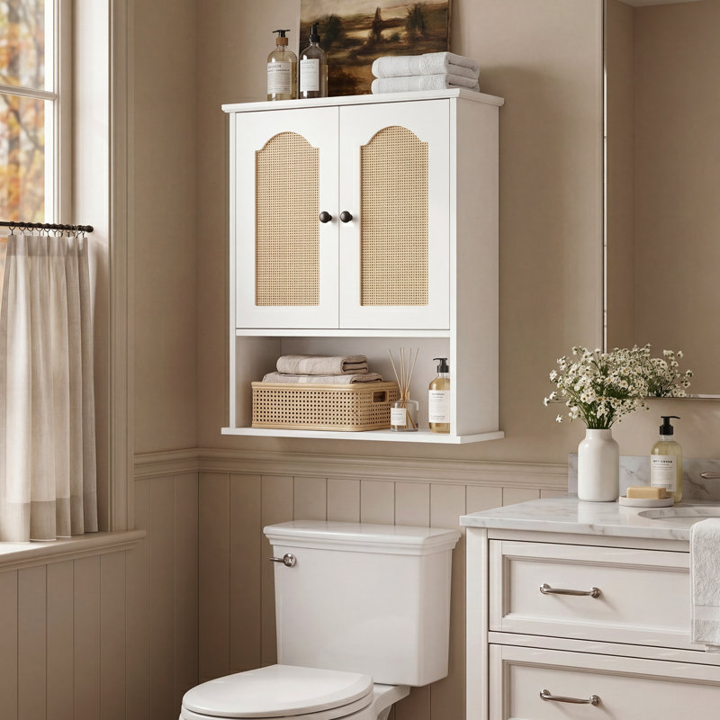 Boho White 2-Door Accent Storage Cabinet with Cane Rattan Doors, Open Shelf, and Contrast Hardware - Modern Farmhouse Style, White
