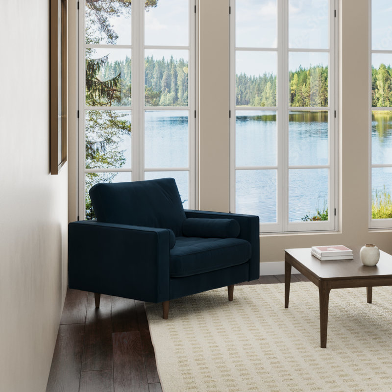 Fauteuil touffeté l 41,5 po Geo, Velours performance encre bleue