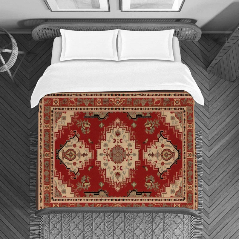 Machine Printed Duvet Cover, Twin Duvet Cover, Red/Beige Oushak