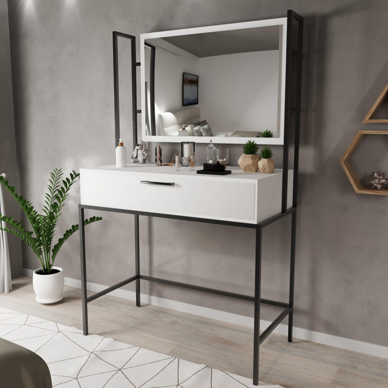 Aliona Dressing Table with Mirror, White/Black