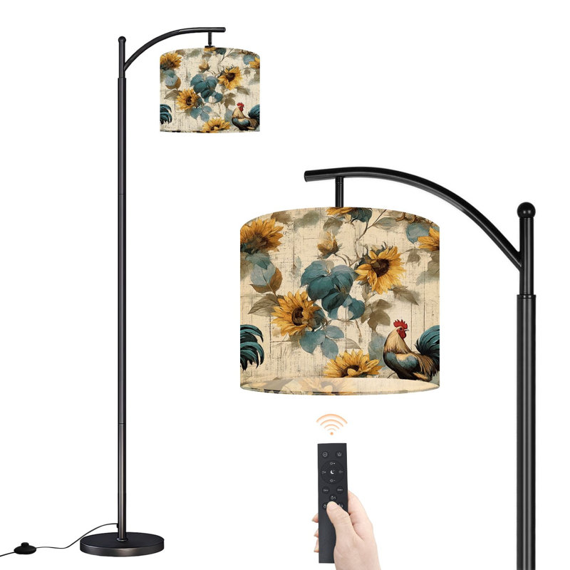 Lampe sur pied à arc avec abat-jour réglable, tournesols, coq, rustique, floral, sarcelle, lampe sur pied, rétro, 3 couleurs, température, intensité variable, grand mât avec interrupteur au pied pour la chambre à coucher