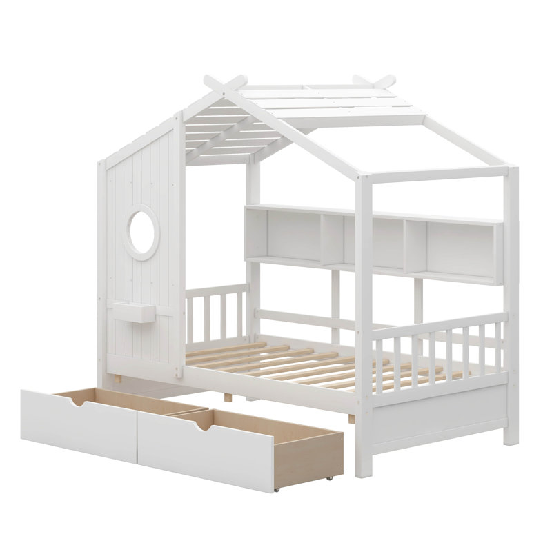 Vidoje Kids Bed with Storage Shelf, Twin, White