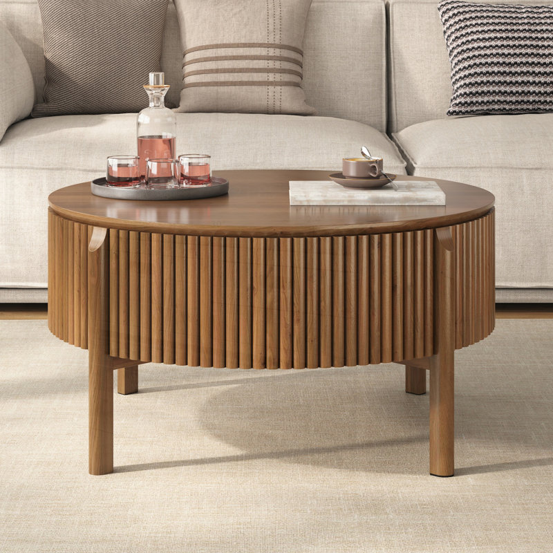 Table basse ronde à plateau relevable avec rangement caché, table de cocktail circulaire cannelée en bois massif, table de centre de ferme moderne en bois pour le salon