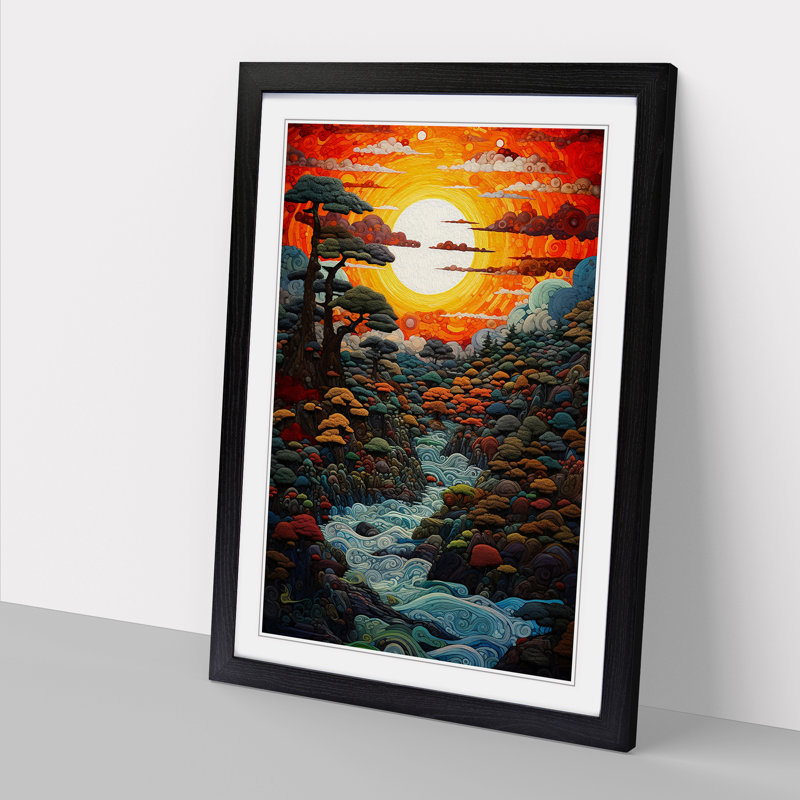 Japanese Sunset Expressionism No.2 - Single Picture Frame Print on Wood, Black, 64cm H x 46cm W x 2cm D