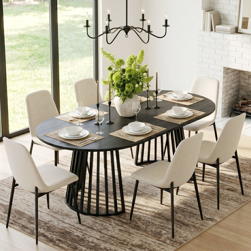 6- Person Dining Table Sets With Extendabe Oval Table & 6 Upholstered Chenille Dining Chairs, Beige