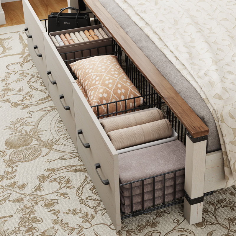 Farmhouse Wood Platform King Bed Frame with 54" Tall Geometric Headboard & Footboard, White, White, King