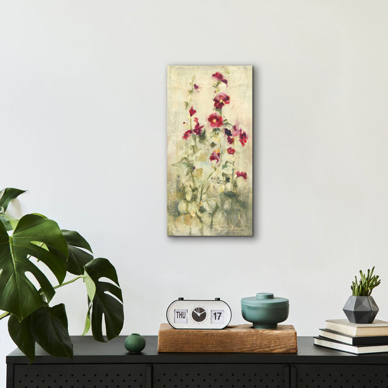 «Hollyhocks Panel 1» par Cheri Blum, art mural en verre acrylique, H 24 po x l 12 po