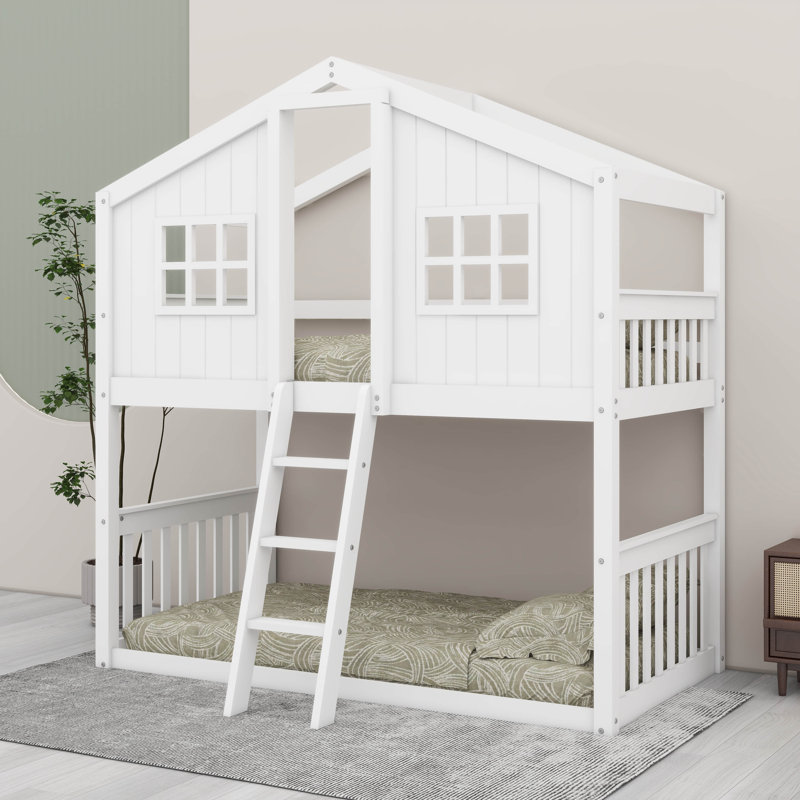 House-Style Bunk Bed With Built-In Ladder, White