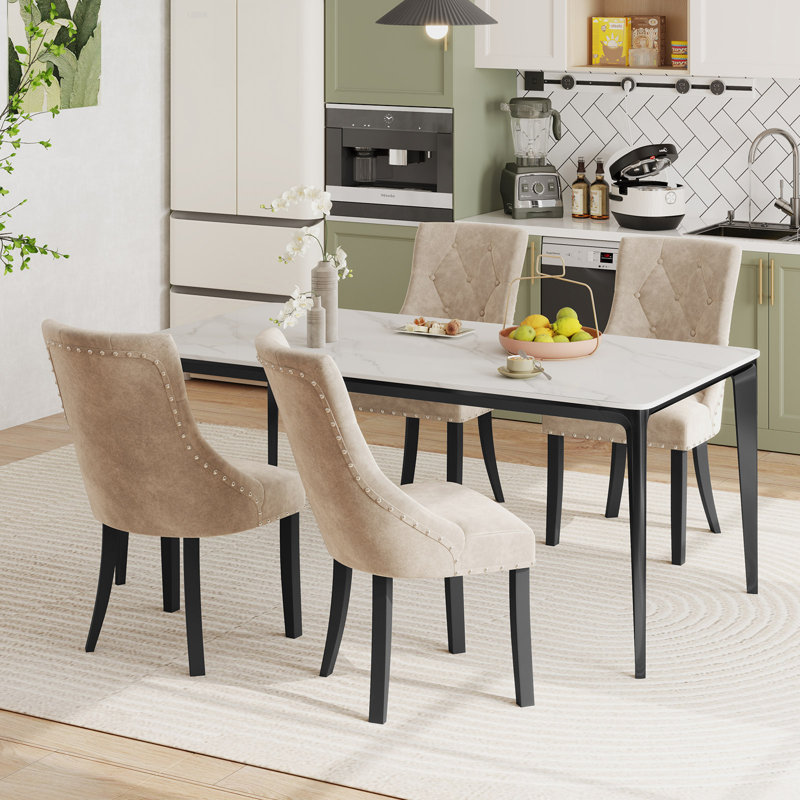  Upholstered Dining Chairs Set Tufted Wingback Chairs w/ Solid Wood Legs, 2