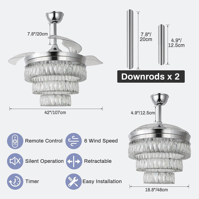 Fandelier Ceiling Fan With Light, LED Crystal Chandelier Ceiling Fan With Remote Retractable Chandeliers Fan For Bedroom Living Room, Timing 6 Speed Reversible