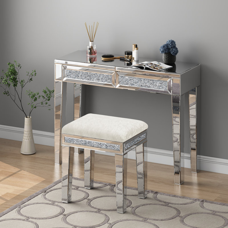 Mikayil Glass Mirrored Accent Stool Diamonds Vanity Stool, Pearl White
