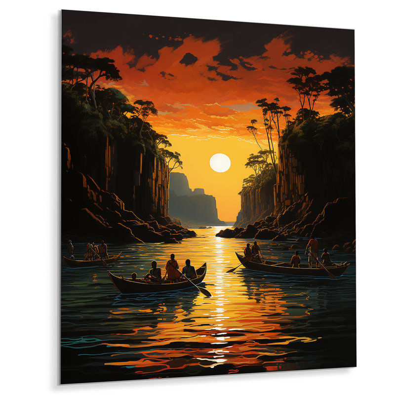 Coucher de soleil africain sur la rivière Jungle 1 - Art mural en métal Jungle, H 20 po x l 12 po x P 1 po