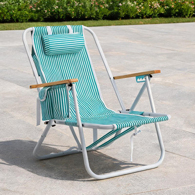 Foldable Aluminum Beach Chair with Wooden Armrests, 4-Position Reclining Outdoor Lounge for Beach and Camping