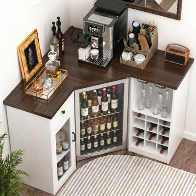 Armoire de coin avec réfrigérateur, coin café avec station de charge, armoire à vin en forme de L pour la maison (réfrigérateur non inclus)