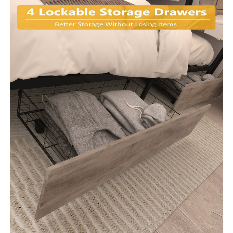 Bed Frame, Storage Headboard With Charging Station, Solid And Stable, Noise Free, No Box Spring Needed, Easy Assembly, King