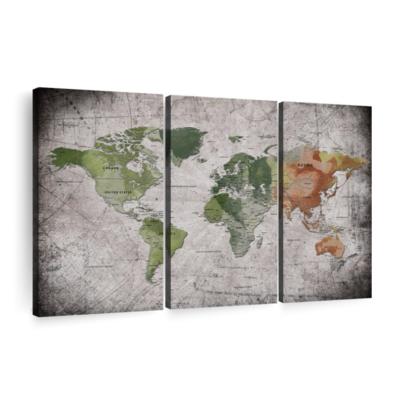 Éducatif carte du monde V, ensemble de 3 reproductions sur toile par Finnian P, H 24 po x l 38 po x P 1,25 po