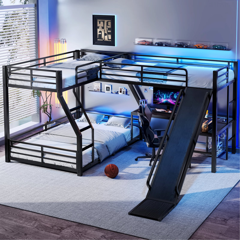 L-Shaped Bunk Bed with USB Ports, Bed Frame for Space-Saving