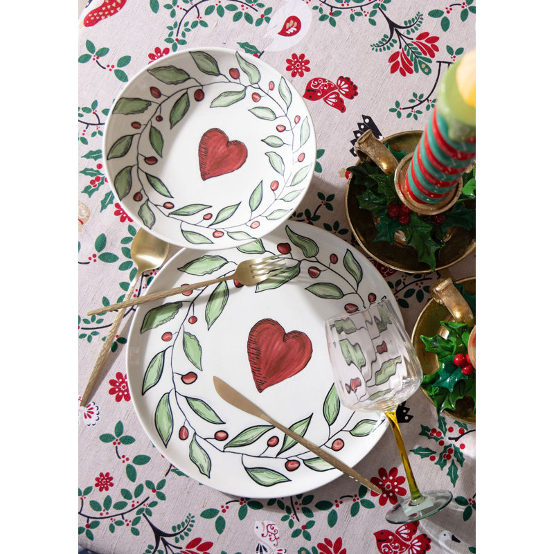 Ensemble d'assiettes à dessert élégantes en céramique (6 pièces), 7,5 x 7,5 x 0,4 pouces | 100% céramique, va au lave-vaisselle, blanc avec des accents rouges et verts | Parfait pour servir des desserts, élégant et durable