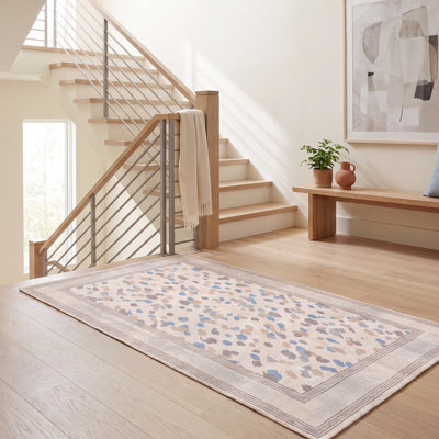 Tapis moderne en albâtre à motifs mosaïques abstraits bleu, gris et beige, lavable à la machine, antidérapant, à poils courts, adapté à l'intérieur et à l'extérieur, pour salon, chambre, salle à manger, entrée, couloir, bureau.