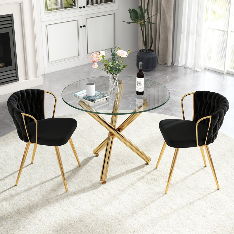 Elegant Round Glass Dining Table Set, Black, 3 Pieces: Table, 2 Chairs, Gold