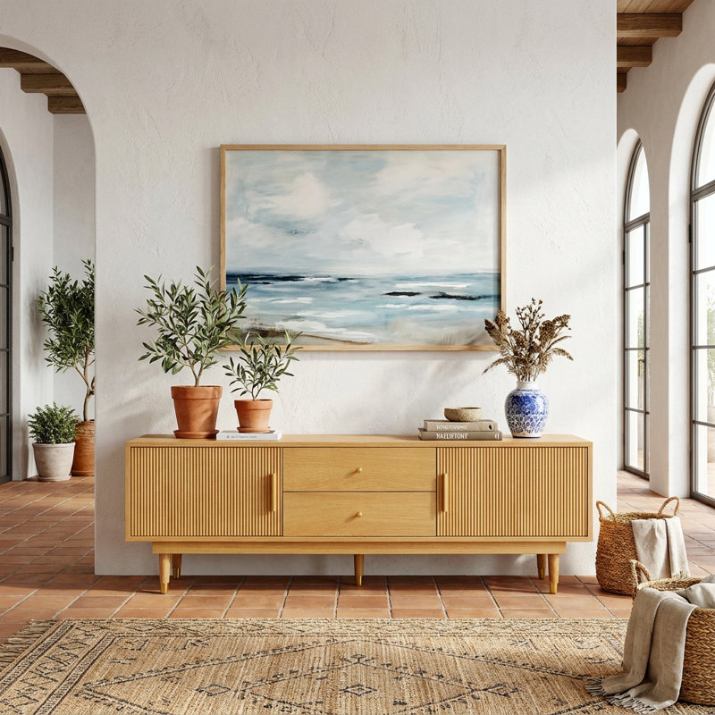 Meuble télé Mid-Century avec tiroirs de rangement, meuble télé et salon, Naturel, H 22,9 po x L 70,9 po x l 14,93 po