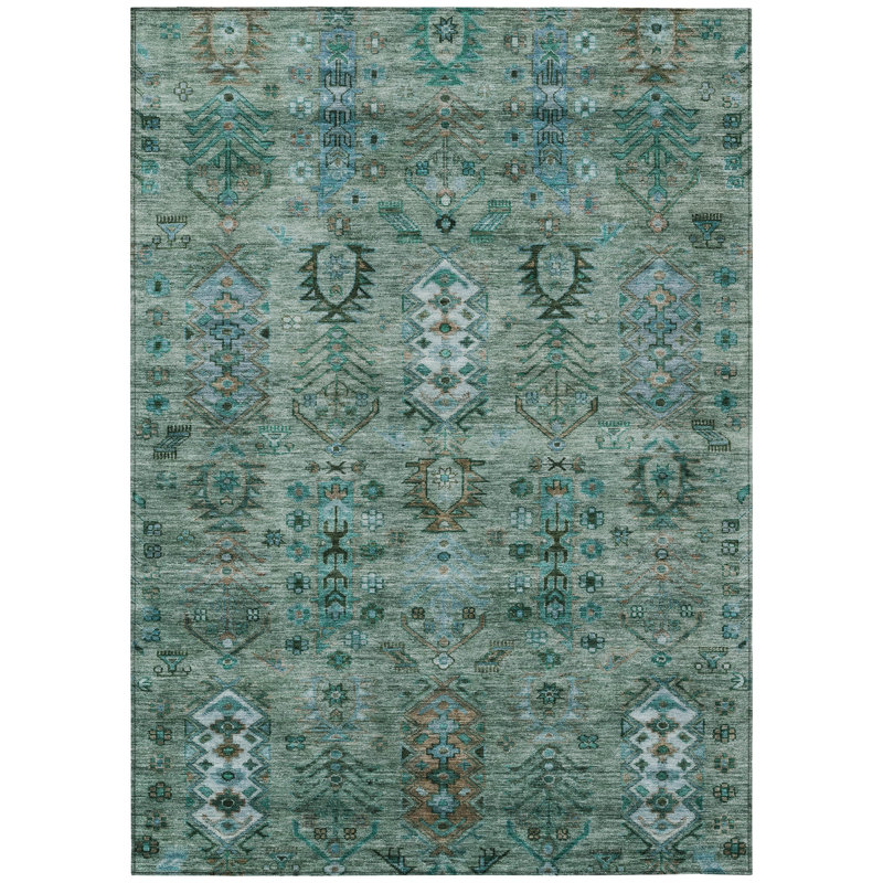 Machine Washable Indoor/Outdoor Xhevrie Green Rug, Rectangle 9' x 12'