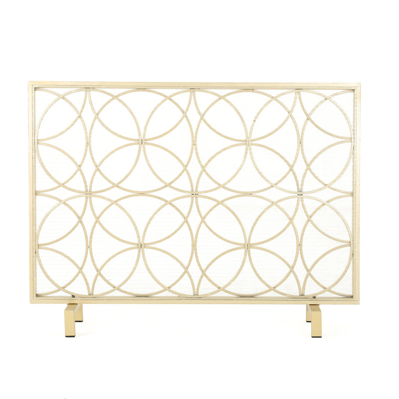 Iron Fireplace Protector, Overlapping Circle Pattern, Single, Gold Stylish Screen, Geometric Overlap, Single Panel, Golden Hue