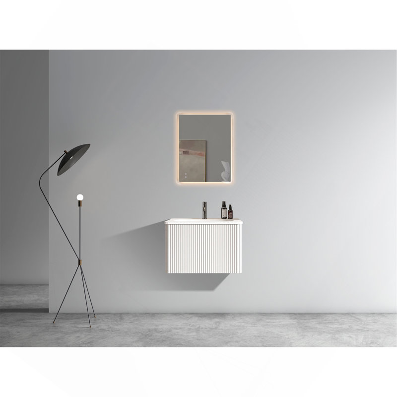 Meuble-lavabo rayé blanc doux 24 po avec lavabo en céramique blanc, meuble-lavabo mural flottant pour salle de bain moderne, lavabo une pièce blanc sans bonde, pré-assemblé